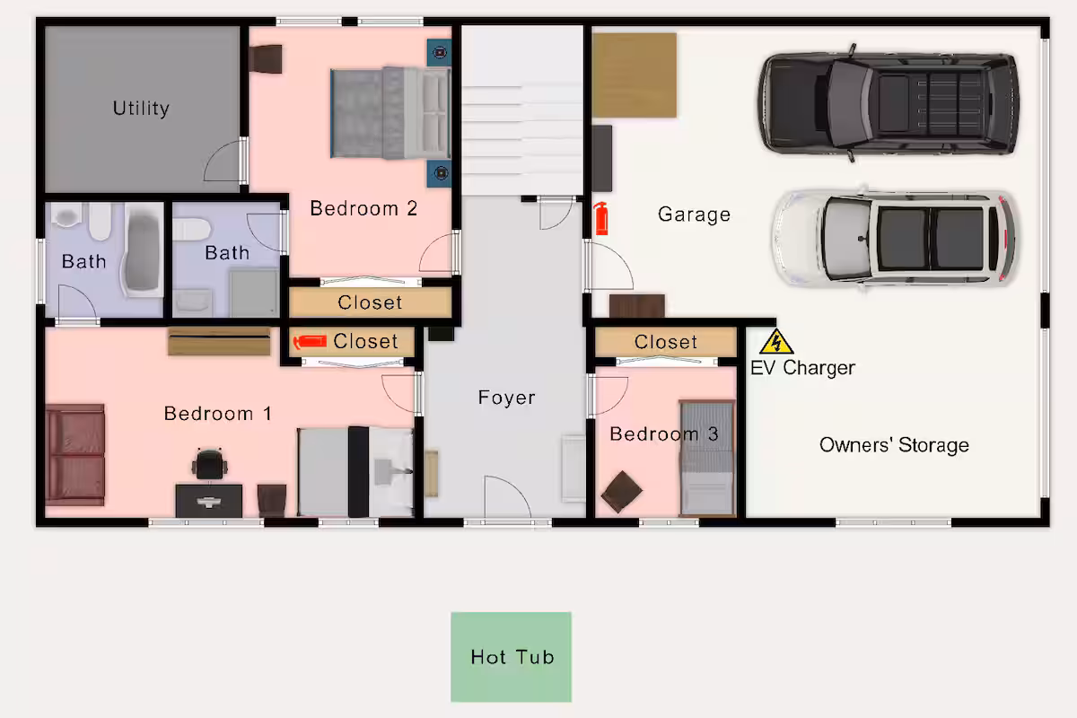 Lower level floor plan of Kinpine House showing Bedrooms 1, 2 and 3 and two bathrooms