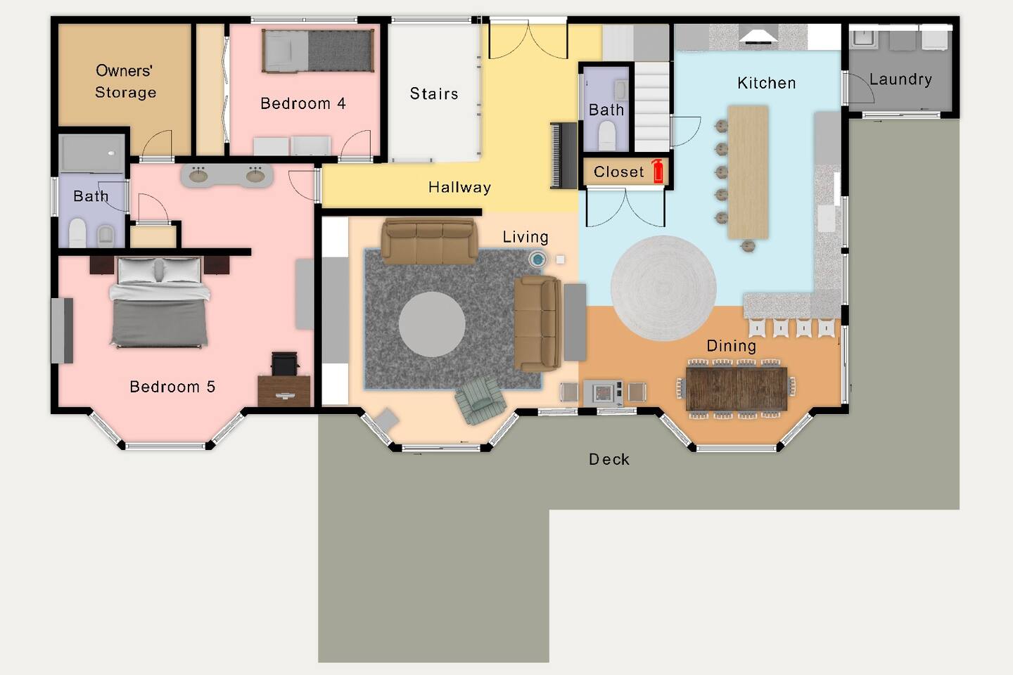 Main level floor plan of Kinpine House showing the living room, kitchen, dining area, deck, and Bedrooms 4 and 5